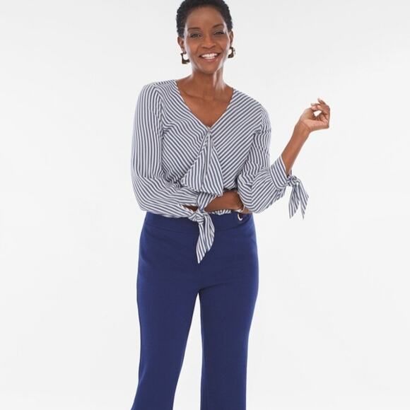 Chico's Top Womens XLP Striped Ruffle Front Tie Sleeve Blouse Career Corpcore - Picture 3 of 16